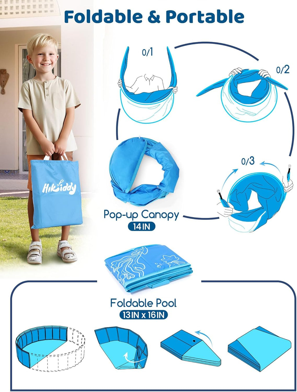 Foldable Kiddie Pool with Canopy: 31.5In/ 47In /63In for Baby Toddler Kids Family - Summer Water Play Pool with Shade - Portable for Outdoor Backyard Beach (Blue-Blue, 47In)
