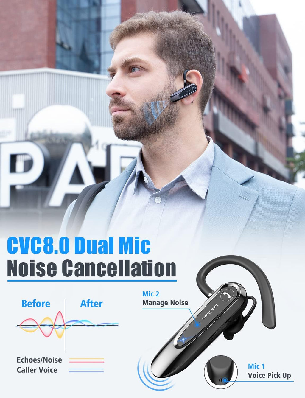 Bluetooth Earpiece Wireless CVC8.0 Headset for Cell Phone Dual Mic Noise Canceling Earpiece Phone with Mute Key 20H Talk 180 Days Standby for Iphone Android Home Office Driving (1 Pack)