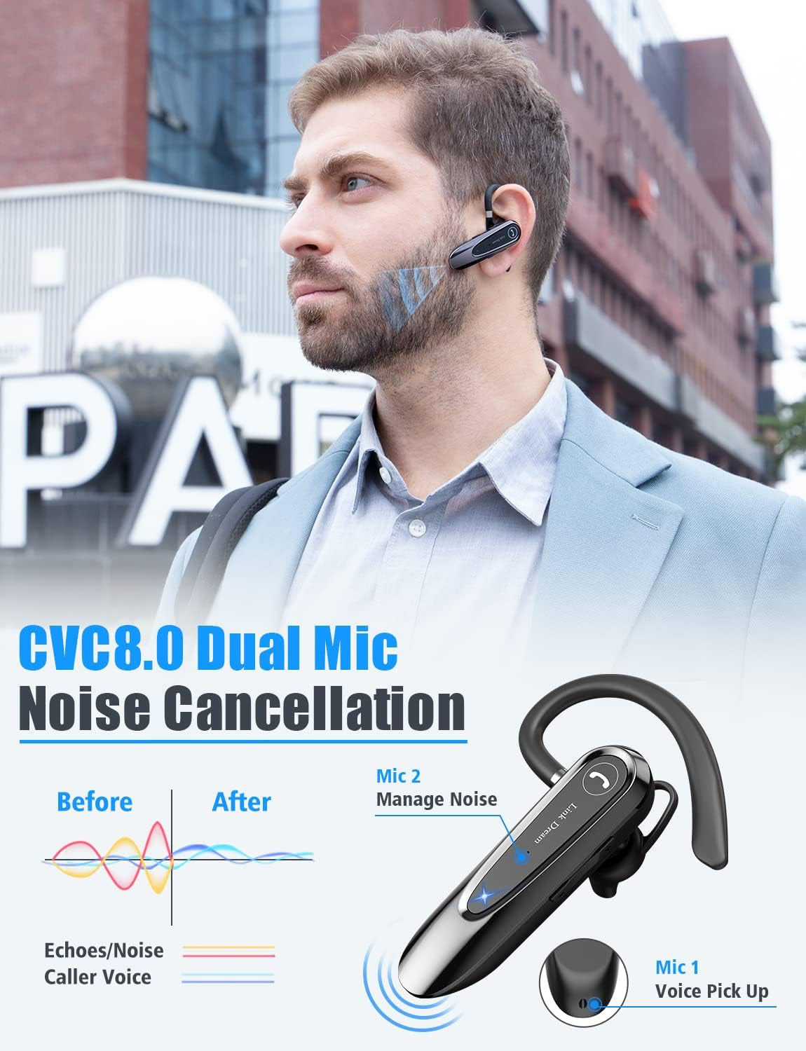Bluetooth Earpiece Wireless CVC8.0 Headset for Cell Phone Dual Mic Noise Canceling Earpiece Phone with Mute Key 20H Talk 180 Days Standby for Iphone Android Home Office Driving (1 Pack)