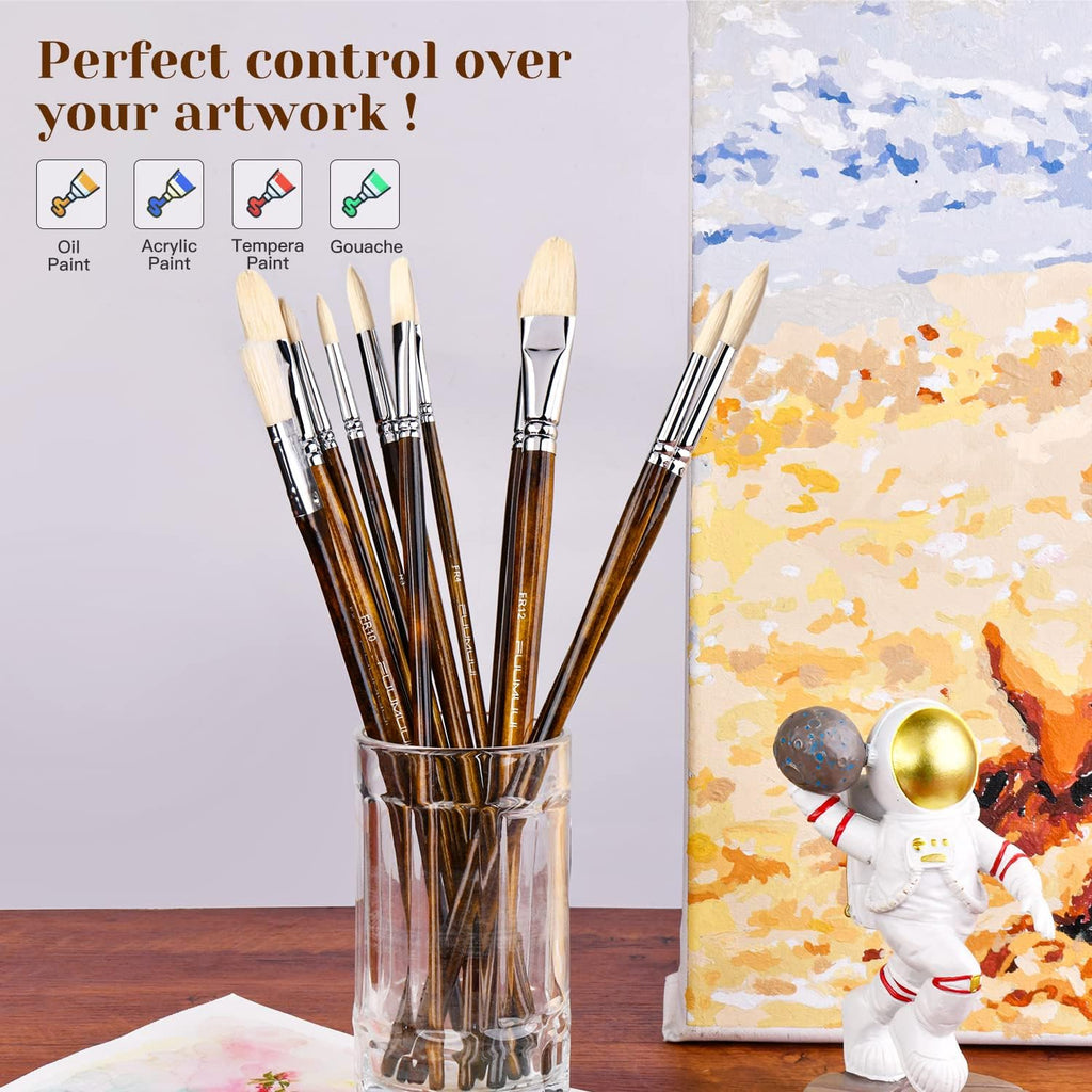Professional Oil Paint Brush Set,  11Pcs Superior Hog Bristle Paint Brushes Perfect for Oil Acrylic Gouache Painting