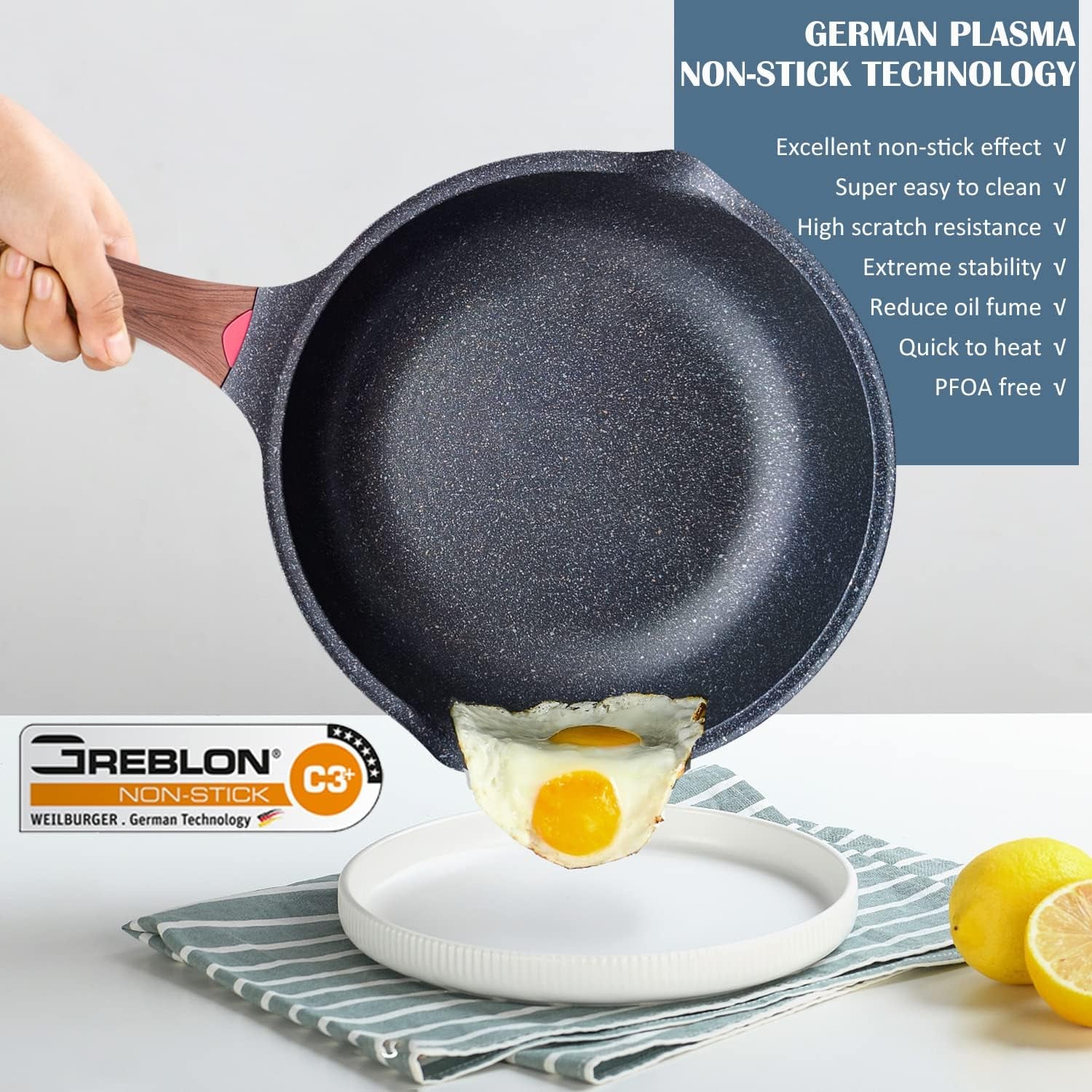 Nonstick Deep Frying Pan Saute Pan with Lid, 12In/5.5Qt Fry Pan, German 3C+ Ceramic Coating Technology, Heat Indicator, Induction Compatible