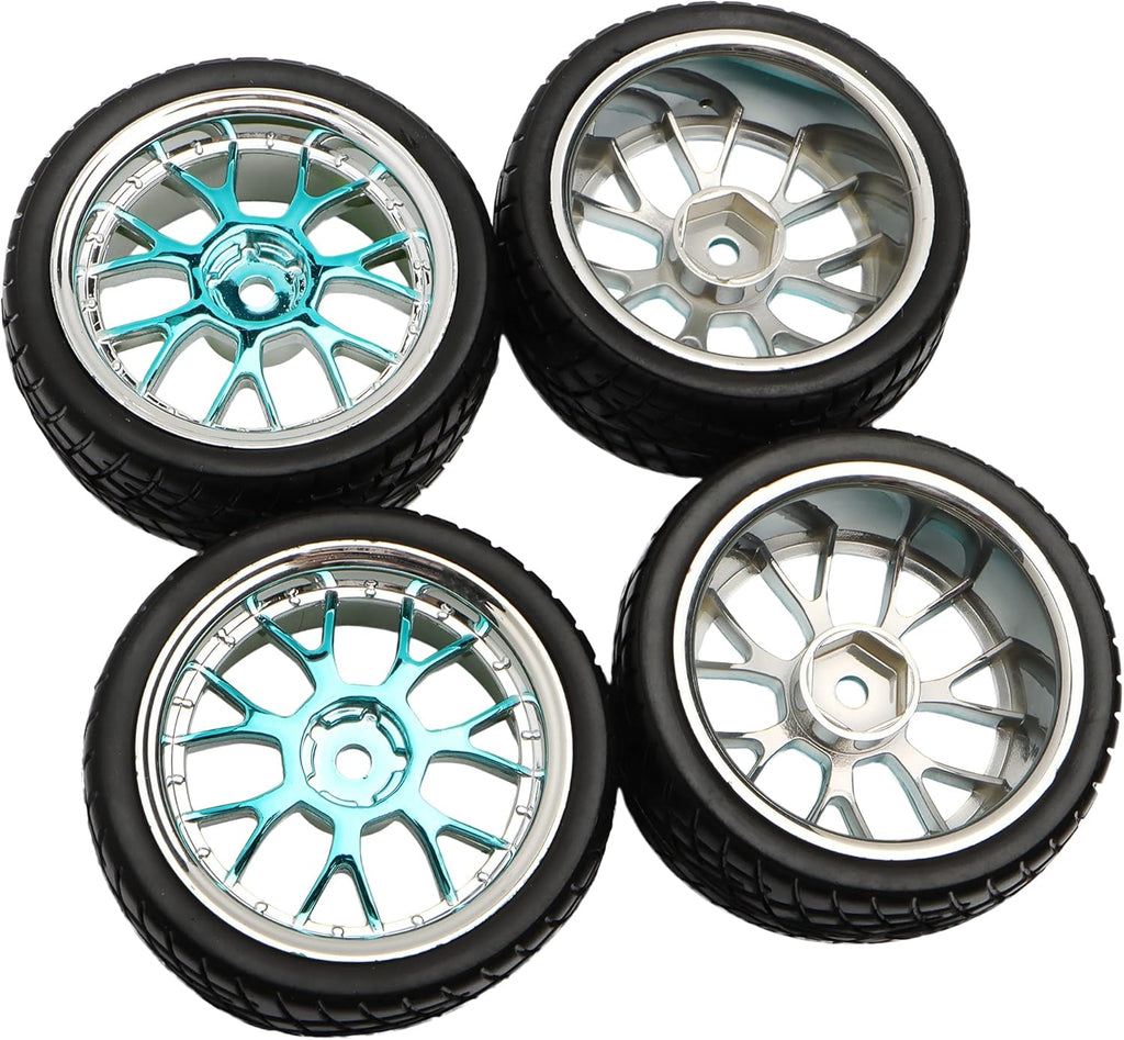 4PCS 12Mm Hex Hub RC Cars Wheels and Tires,62Mm on Road Touring Rubber Racing Rally Tires Set for 1:10 1:16 1:18 XV01 TT01 TT02B HSP 94122 94123 94103 3850 3851 FW06 16889 RC Cars(Silver Blue)