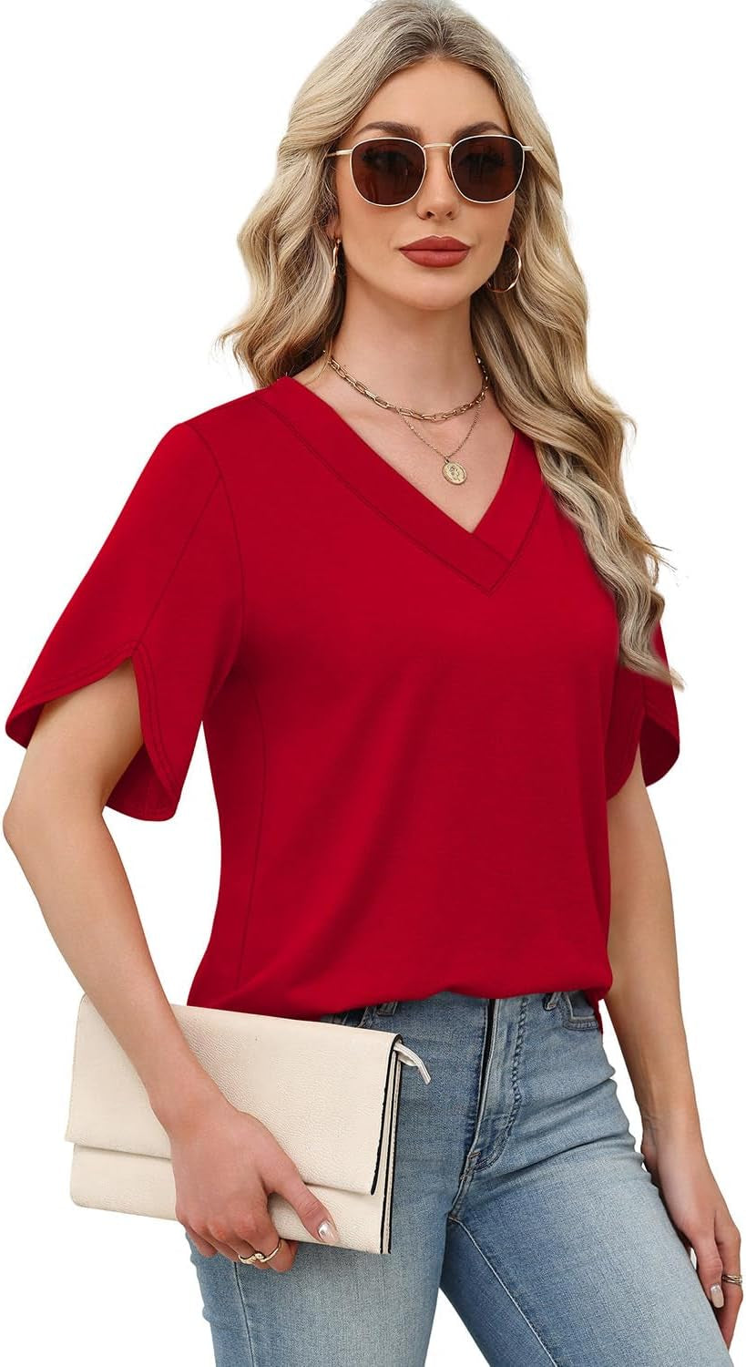 Womens Summer Tops Short Petal Sleeve Shirts Fashion V Neck Womens Clothing