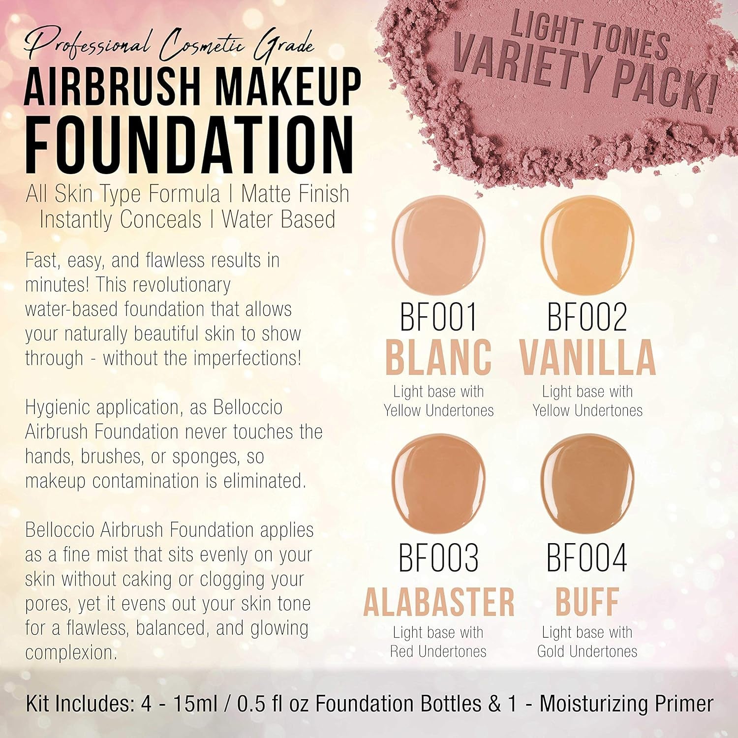 Fair Color Shade Foundation Set - Professional Cosmetic Airbrush Makeup in 1/2 Oz Bottles