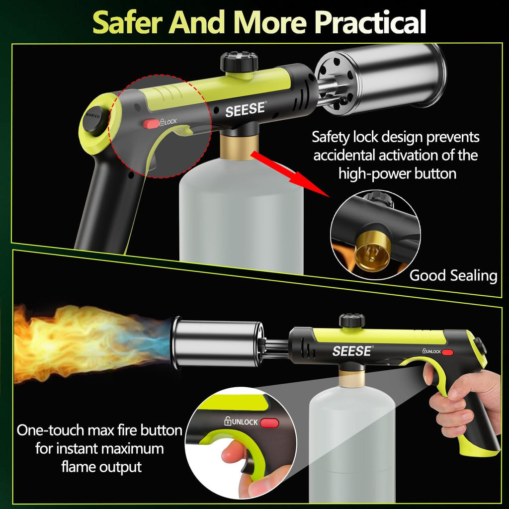 Powerful Propane Torch Gun,Kitchen Cooking Torch with One-Touch Max Fire, Charcoal Lighter with a Safety Lock, Adjustable Blow Torch for Sous Vide, BBQ, Campfire, Fireplace(Tank Not Included)