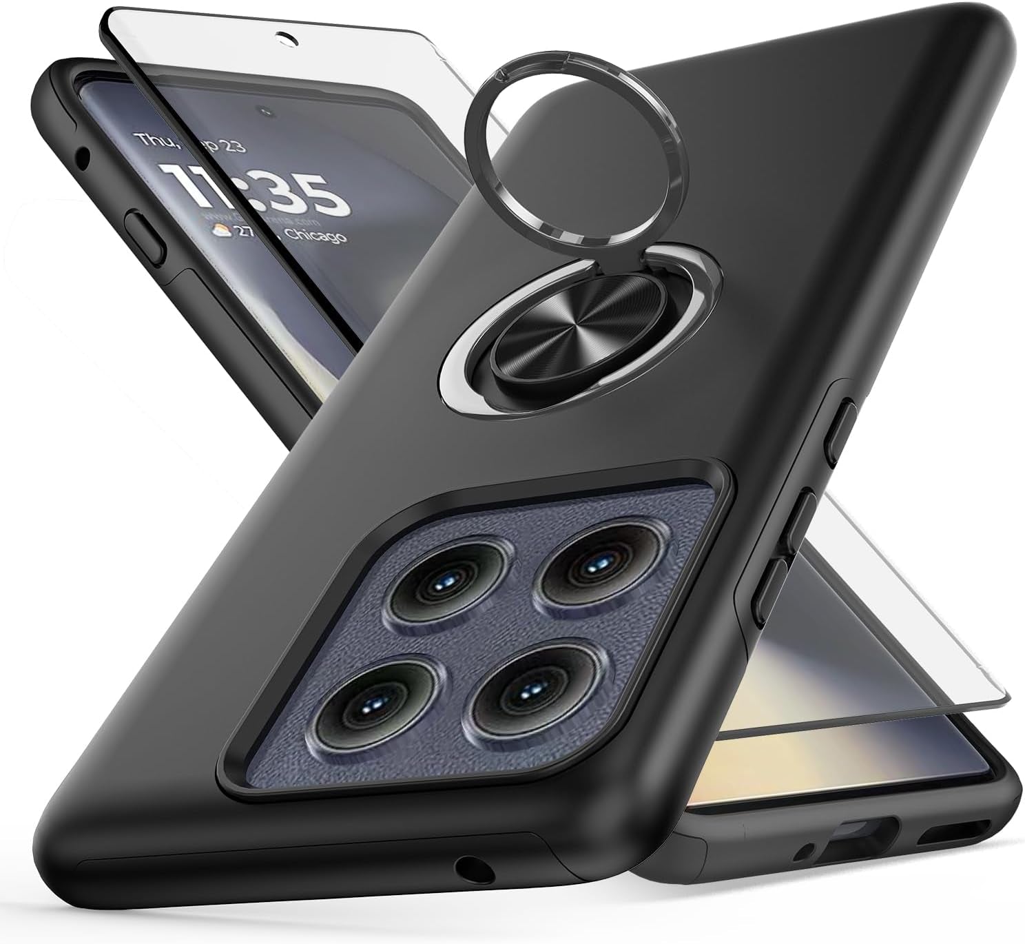 For Motorola Moto Edge 2025 Case with Tempered Glass Screen Protector and Camera Lens Protector， 360° Rotatable Ring Holder Magnetic Kickstand, Shockproof Protectivephone Case, Black