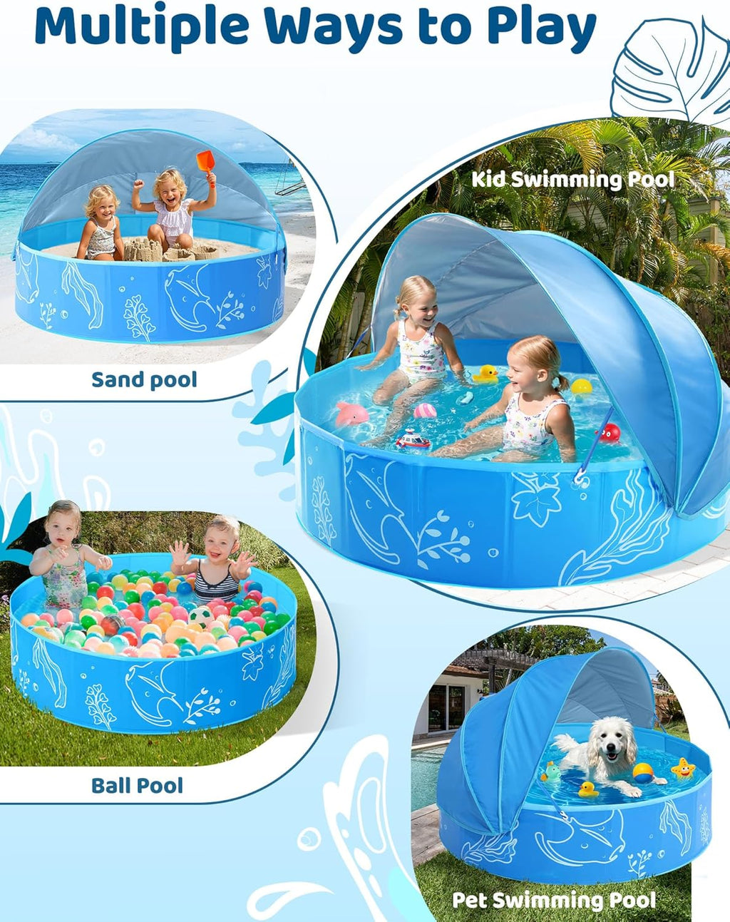 Foldable Kiddie Pool with Canopy: 31.5In/ 47In /63In for Baby Toddler Kids Family - Summer Water Play Pool with Shade - Portable for Outdoor Backyard Beach (Blue-Blue, 47In)