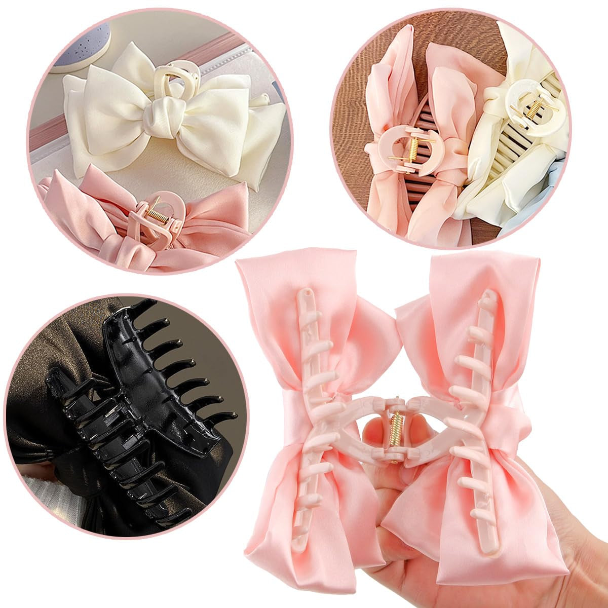 3 PCS Large Bow Hair Claw Clips Satin Bow Claw Clip for Women Girl with Long Thick Hair 5.9 Inch Elegant Hair Ribbon Design for All Types Big (Black+White+Pink)