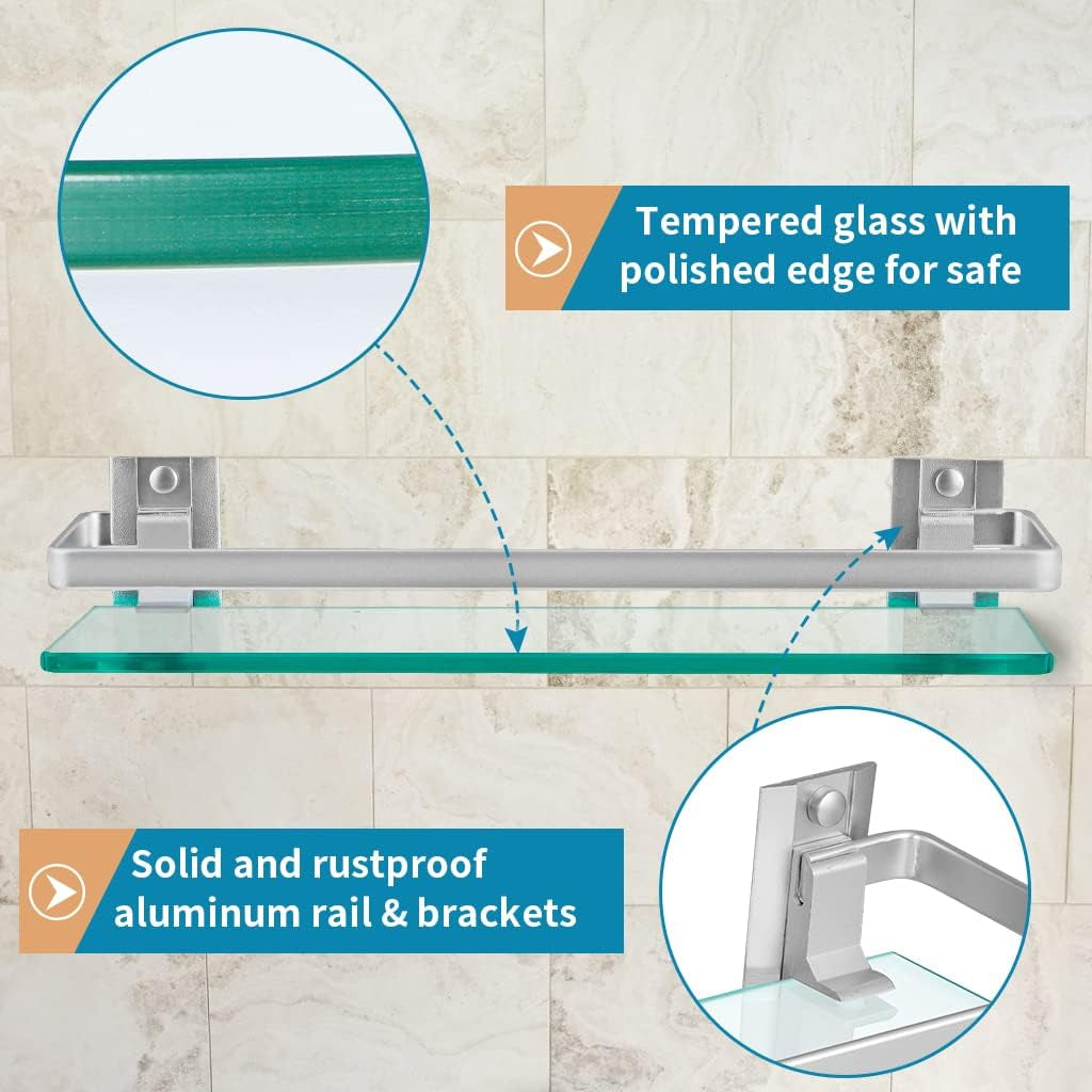 2-Pack Tempered Glass Bathroom Shelf with Rail, 15" X 4.5" Rectangular Shower Caddy, Wall Mounted Floating Shampoo Holder for Lavatory, Kitchen, Living Room