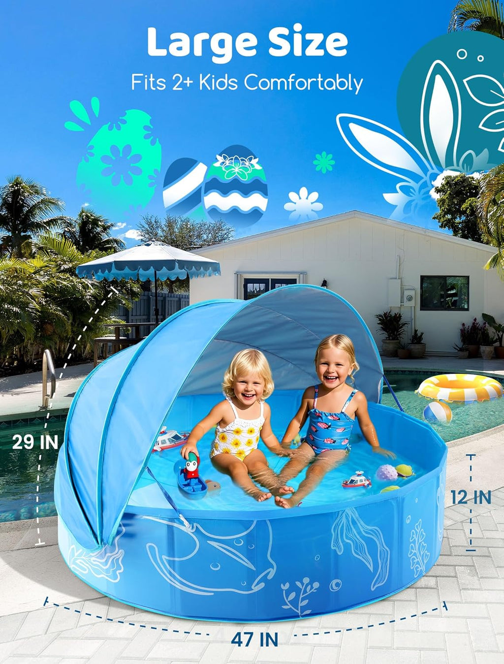Foldable Kiddie Pool with Canopy: 31.5In/ 47In /63In for Baby Toddler Kids Family - Summer Water Play Pool with Shade - Portable for Outdoor Backyard Beach (Blue-Blue, 47In)