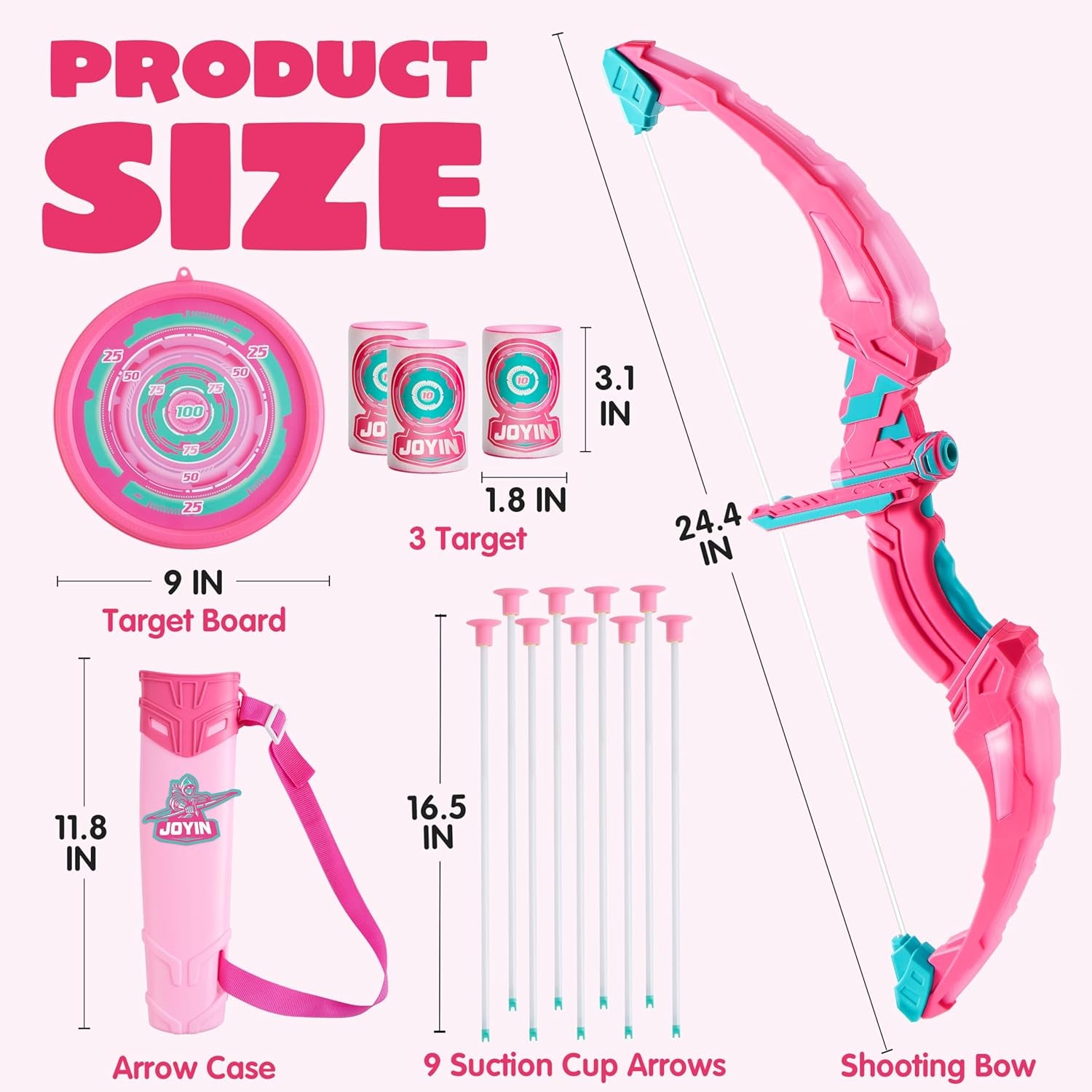 Pink Bow and Arrow Set for Girls, LED Light up Archery Toy Set with 9 Suction Cup Arrows, Target & Arrow Case, Christmas Indoor Outdoor Activity Toy for Kids Girls Ages 3-12
