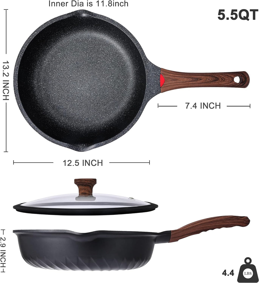 Nonstick Deep Frying Pan Saute Pan with Lid, 12In/5.5Qt Fry Pan, German 3C+ Ceramic Coating Technology, Heat Indicator, Induction Compatible