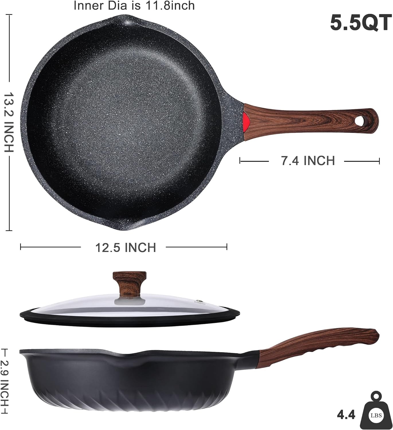 Nonstick Deep Frying Pan Saute Pan with Lid, 12In/5.5Qt Fry Pan, German 3C+ Ceramic Coating Technology, Heat Indicator, Induction Compatible