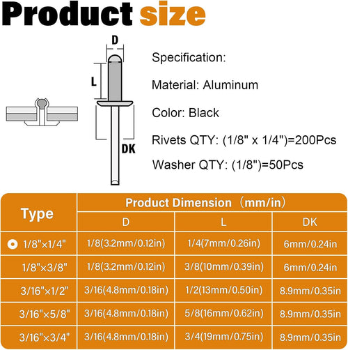 250Pcs 1/8" X 1/4" Black Aluminum Pop Rivets with Stainless Steel Washers 3.2 X 6.4Mm Blind Rivet Assortment Kit