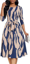 Casual Dresses for Women Midi Church A-Line Fit and Flare Dress Crewneck 3/4 Sleeve Party Dress