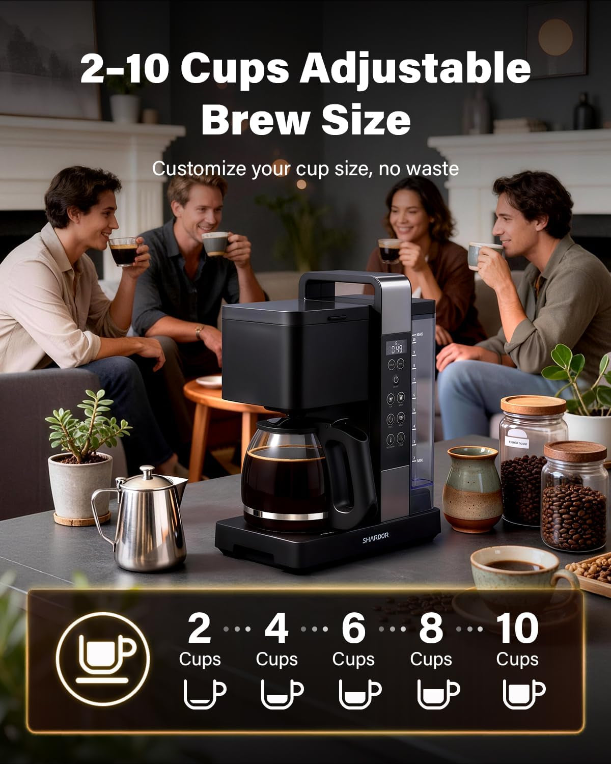 10-Cup Coffee Maker, Programmable Drip Coffee Machine with 2–10 Cup Setting, Adjustable Keep-Warm Control, Removable 50Oz Water Tank, Brew Strength Control & Brew Pause, Black
