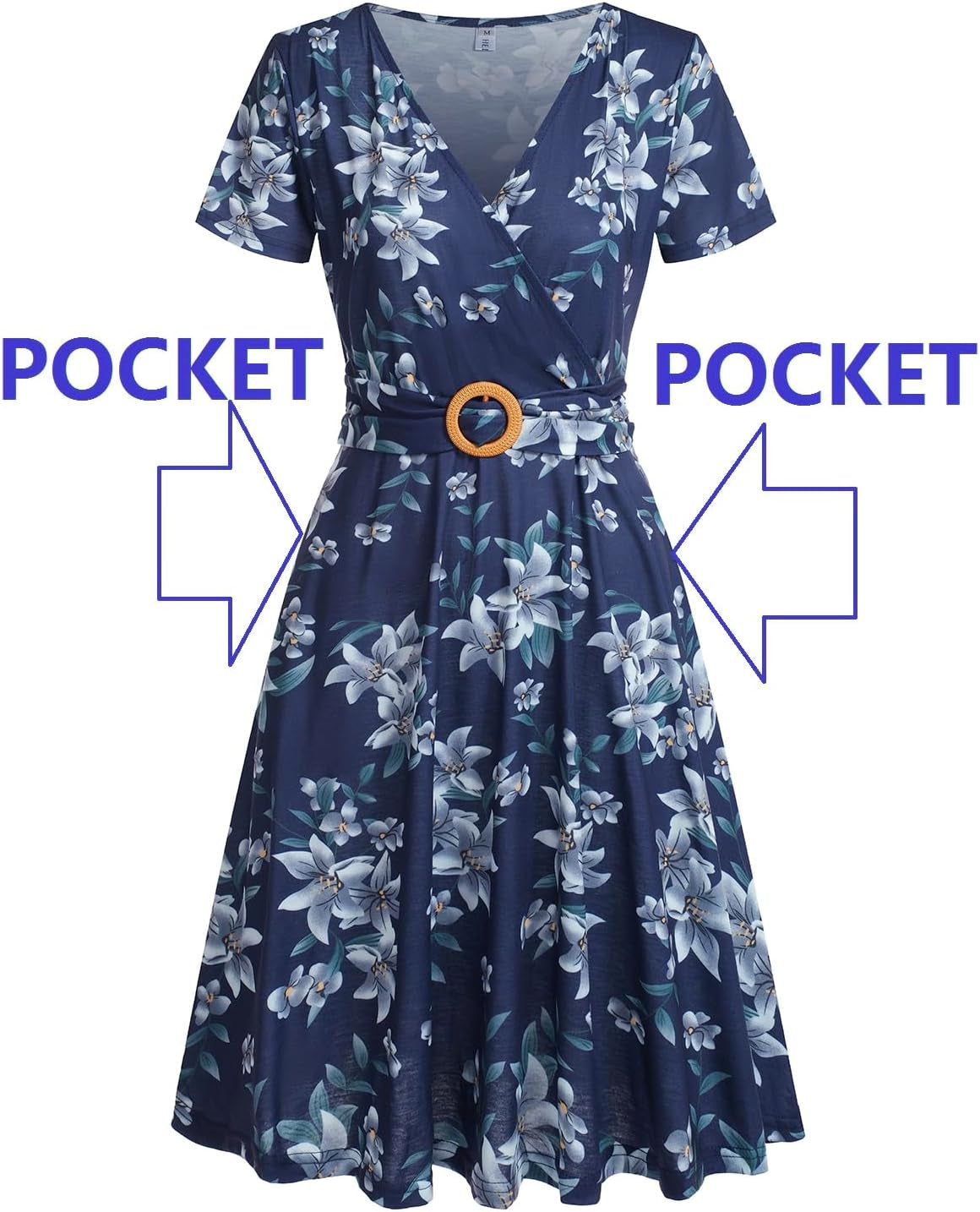 Women'S Elegant Criss-Cross V Neck Vintage Short Sleeve Work Casual Fit and Flare Tea Dress with Pockets 980