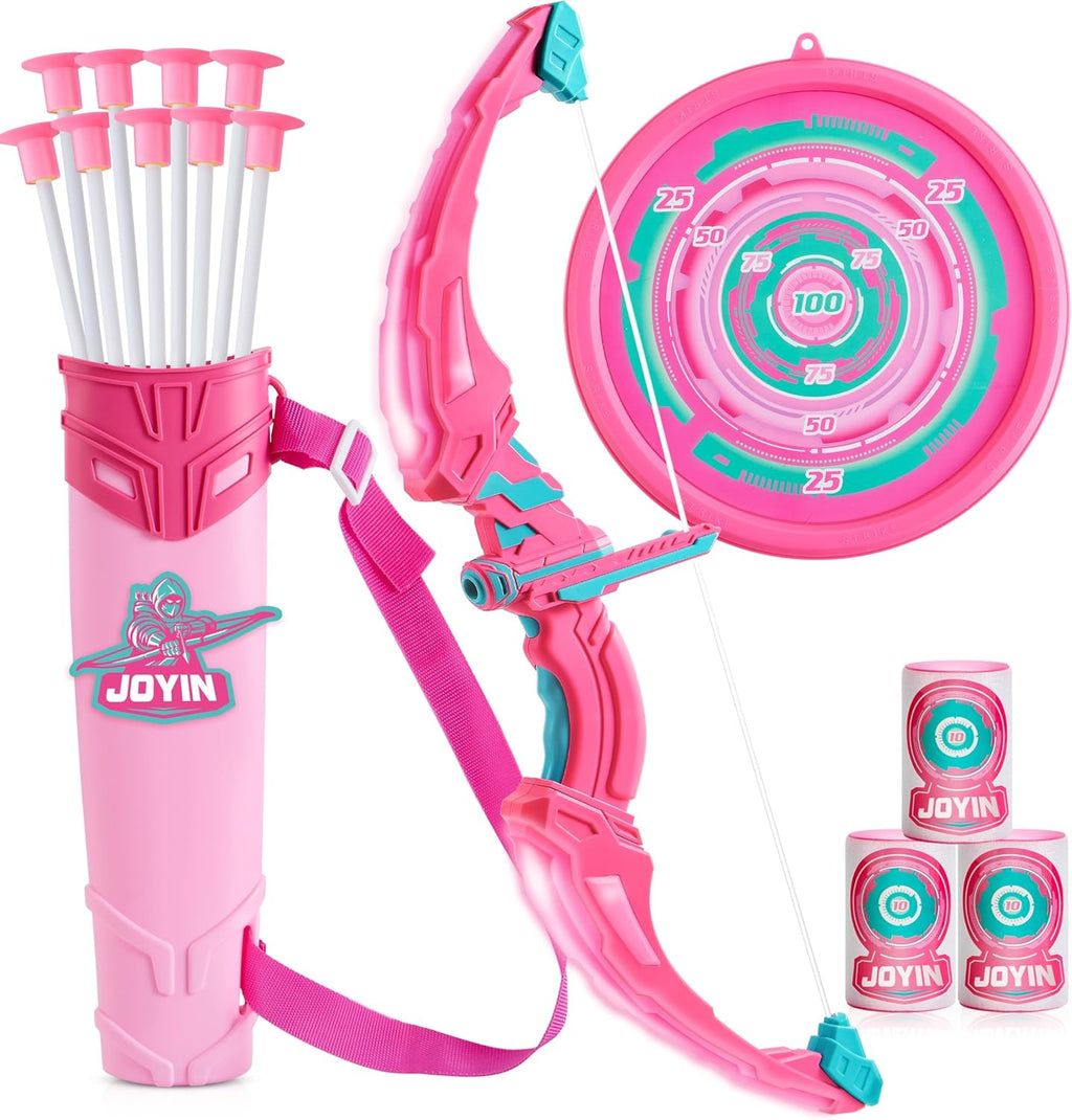 Pink Bow and Arrow Set for Girls, LED Light up Archery Toy Set with 9 Suction Cup Arrows, Target & Arrow Case, Christmas Indoor Outdoor Activity Toy for Kids Girls Ages 3-12