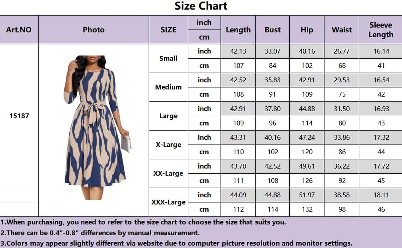 Casual Dresses for Women Midi Church A-Line Fit and Flare Dress Crewneck 3/4 Sleeve Party Dress