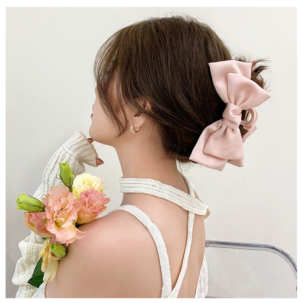 3 PCS Large Bow Hair Claw Clips Satin Bow Claw Clip for Women Girl with Long Thick Hair 5.9 Inch Elegant Hair Ribbon Design for All Types Big (Black+White+Pink)