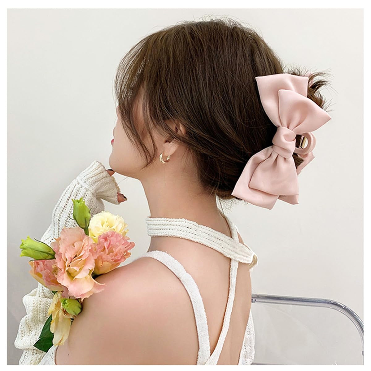 3 PCS Large Bow Hair Claw Clips Satin Bow Claw Clip for Women Girl with Long Thick Hair 5.9 Inch Elegant Hair Ribbon Design for All Types Big (Black+White+Pink)