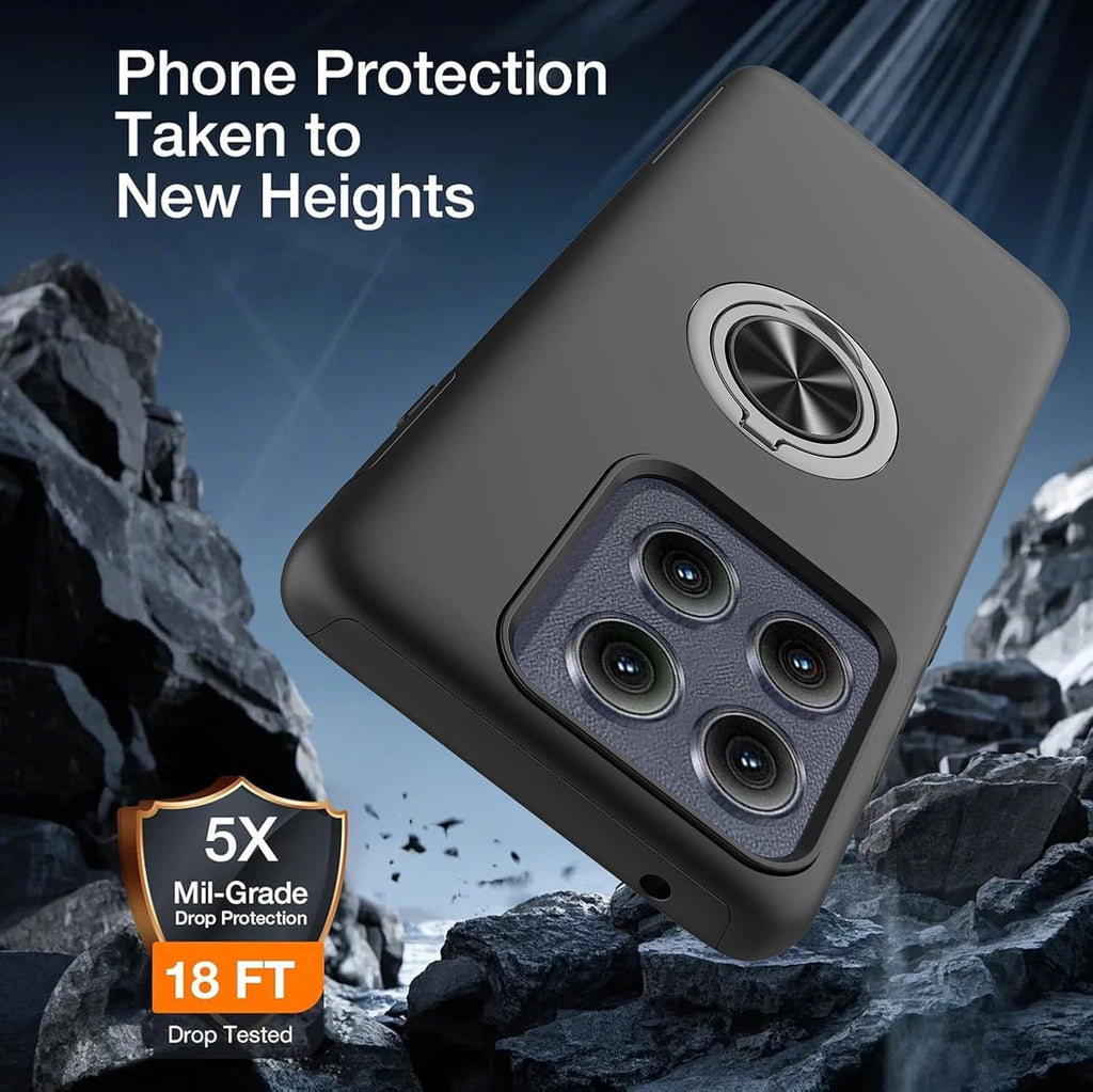For Motorola Moto Edge 2025 Case with Tempered Glass Screen Protector and Camera Lens Protector， 360° Rotatable Ring Holder Magnetic Kickstand, Shockproof Protectivephone Case, Black