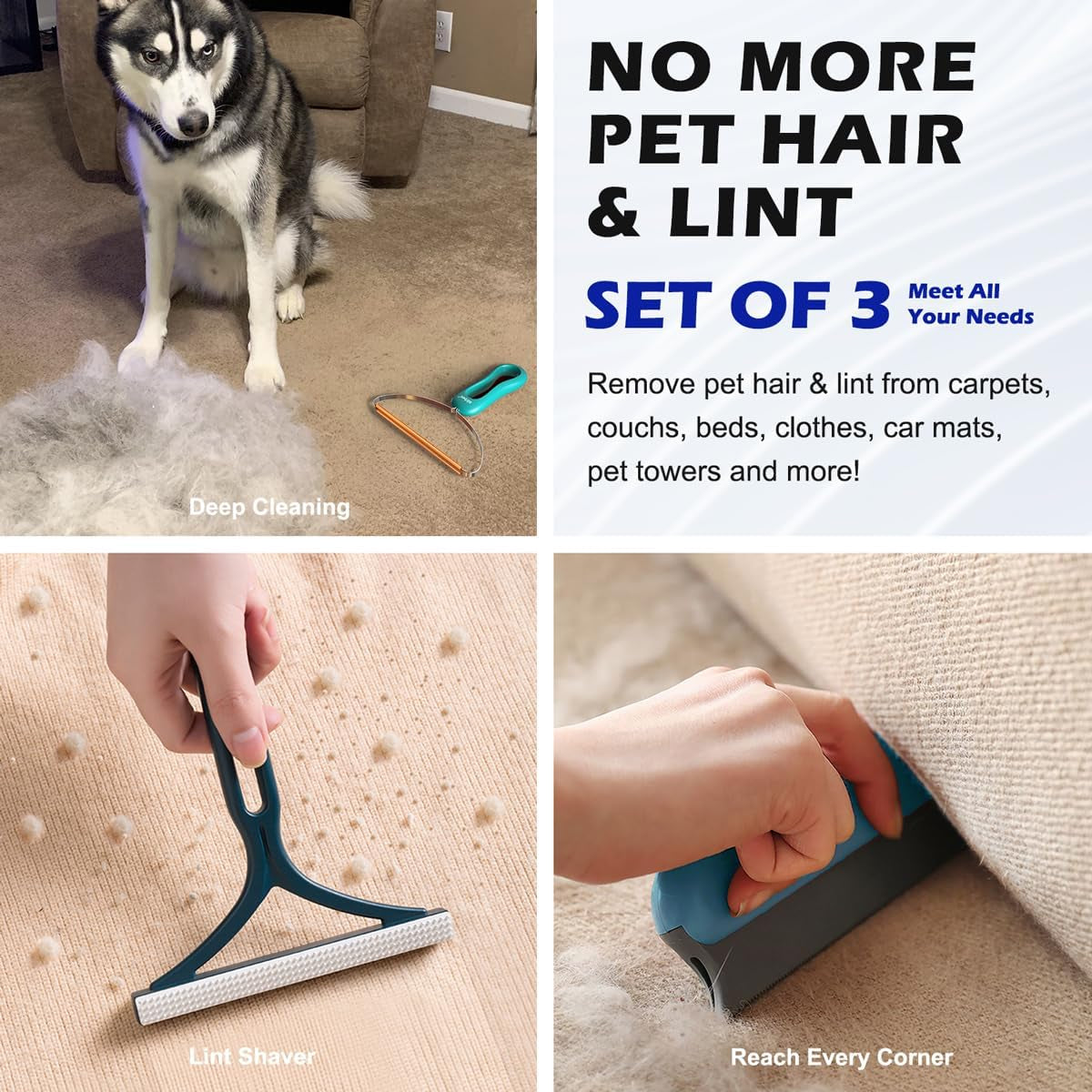 Pet Hair Remover 3-Pack, Dog Cat Hair Remover, Lint Shaver Cleaner Pro, Fur Removal Tool, Portable Carpet Scraper, Fuzz Rollers Hairball Brush for Carpets, Clothes, Car Mats, Couch, Pet Bed, Furniture