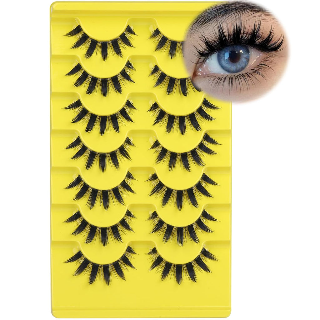 Manga Lashes Natural Eyelashes Spiky False Eyelashes Invisible Band 3D Cat Eye Lashes Wispy Fake Lashes Cosplay Anime Lashes 7 Pairs Pack Asian Doll Lashes Clear Band by