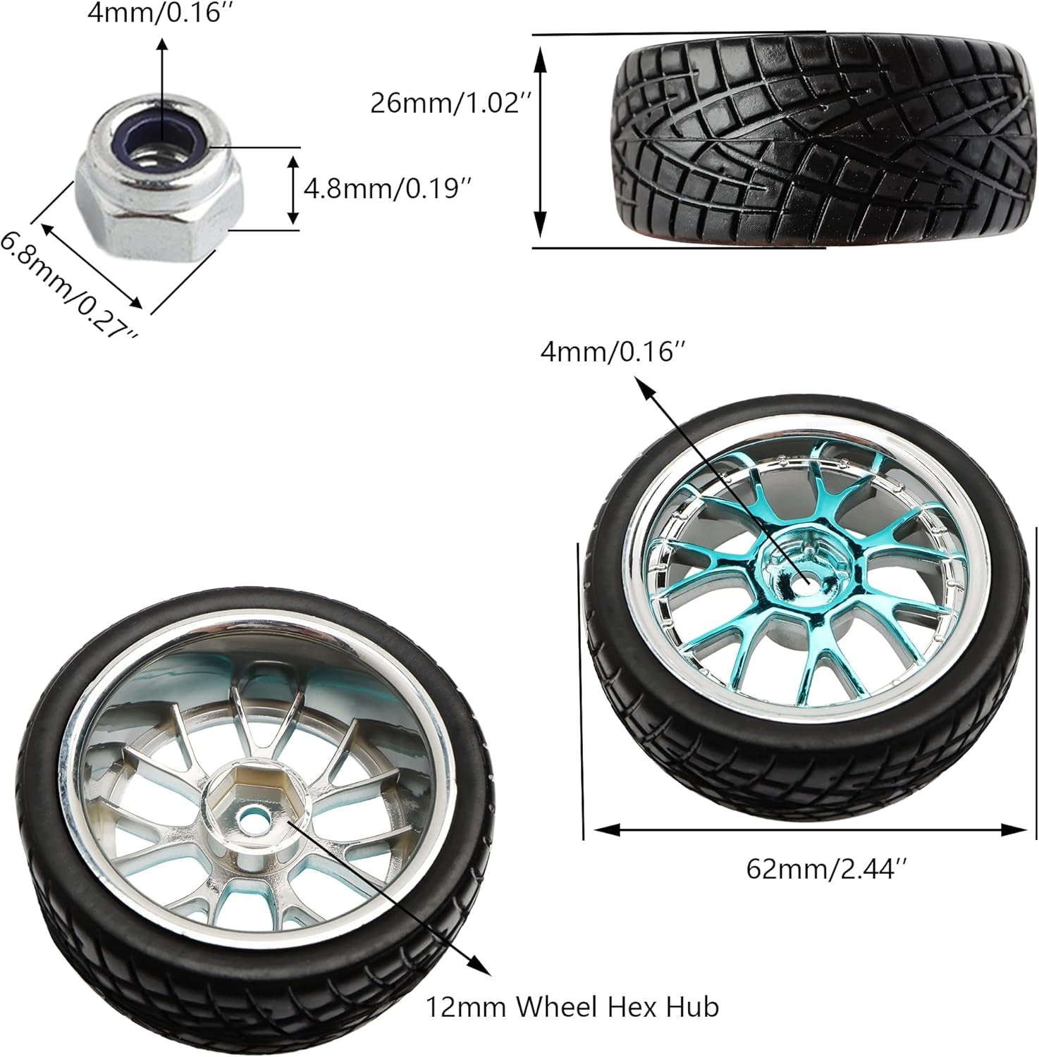 4PCS 12Mm Hex Hub RC Cars Wheels and Tires,62Mm on Road Touring Rubber Racing Rally Tires Set for 1:10 1:16 1:18 XV01 TT01 TT02B HSP 94122 94123 94103 3850 3851 FW06 16889 RC Cars(Silver Blue)