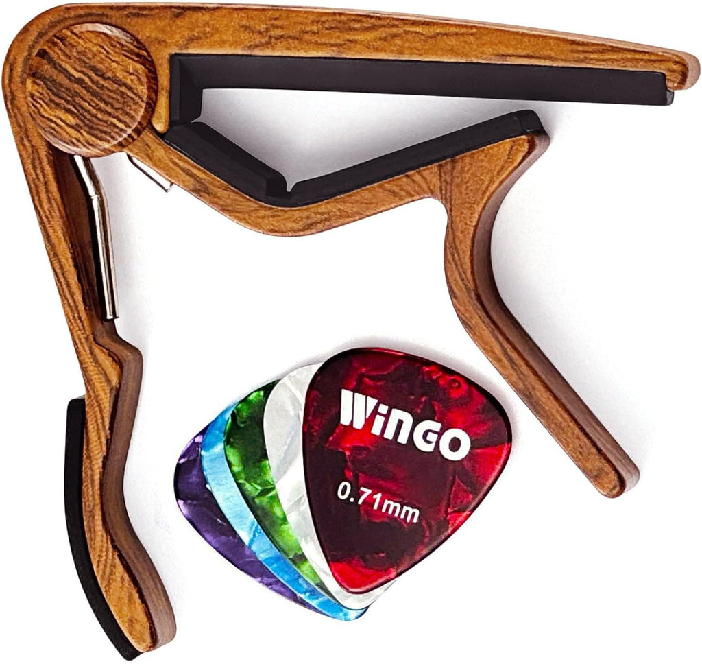 Classical Flat Guitar Capo for Nylon String Guitars-Rosewood Finish with 5 Picks.