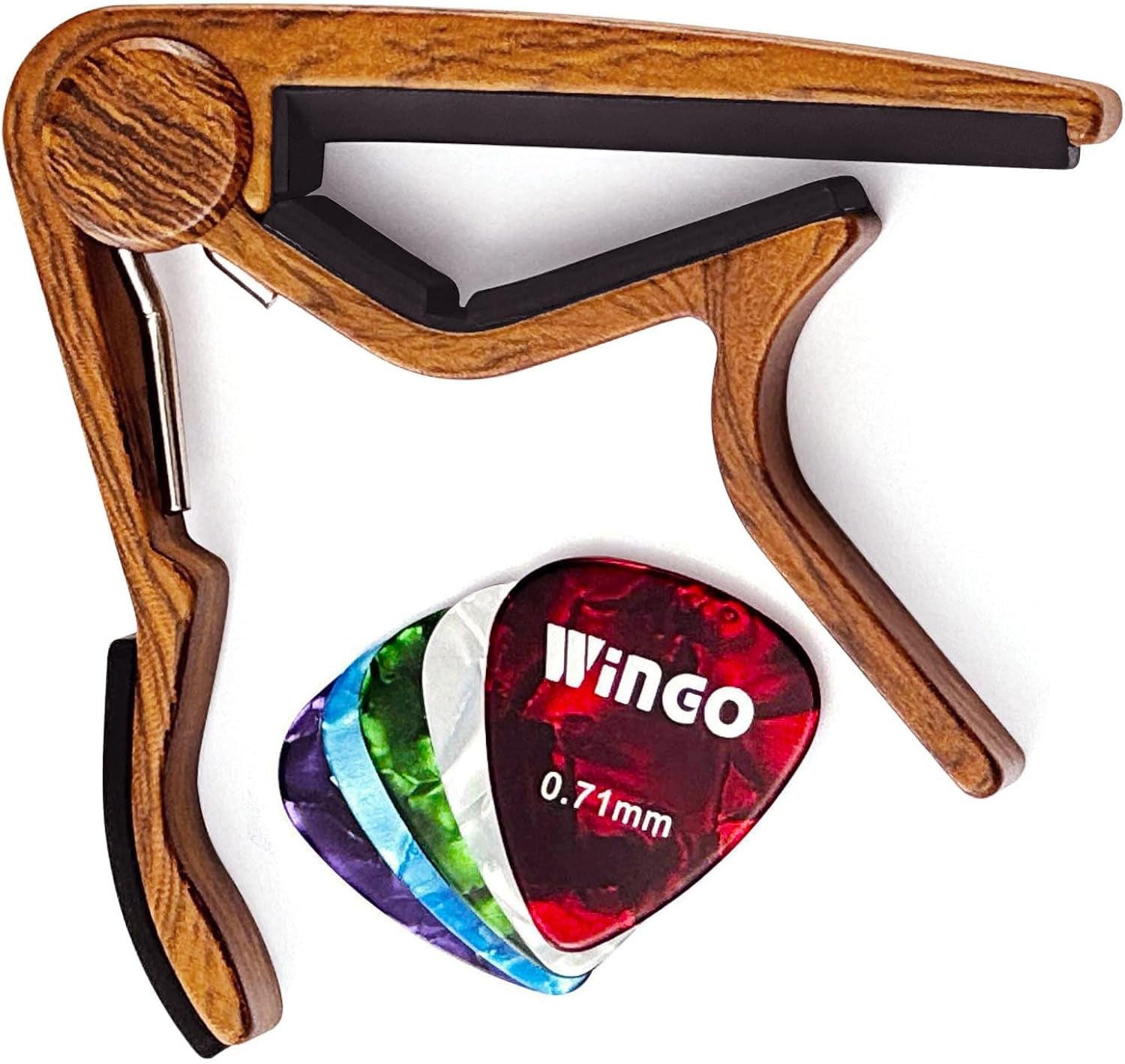 Classical Flat Guitar Capo for Nylon String Guitars-Rosewood Finish with 5 Picks.