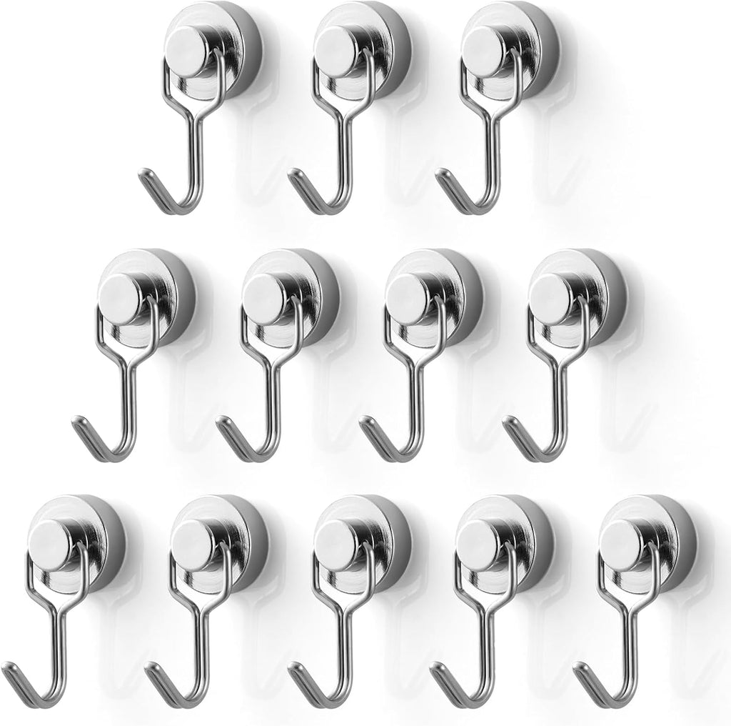 Mini Magnetic Hooks, Strong Neodymium Magnet with Hook, Heavy Duty Small Metal Hanging Hook Max Load 19 Lbs for Kitchen Fridge Grill Office 12 Pack