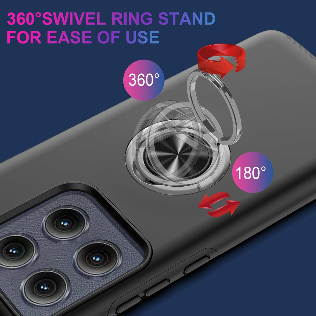 For Motorola Moto Edge 2025 Case with Tempered Glass Screen Protector and Camera Lens Protector， 360° Rotatable Ring Holder Magnetic Kickstand, Shockproof Protectivephone Case, Black