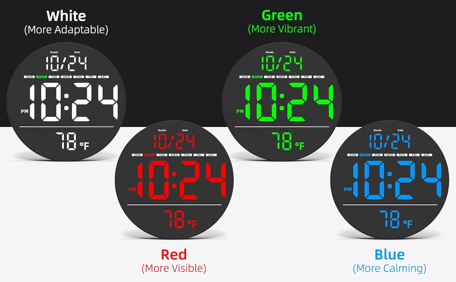 Digital Wall Clock with Large LED Display, Date, Temperature, Auto-Brightness | Small [PLUG-IN] Clock | Modern Electric Wall Clock for Bedroom, Classroom, Living Room, Home, Office, Farmhouse - Blue
