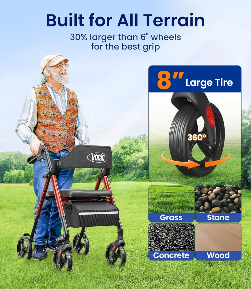 Walkers for Seniors, Z21 Rollator Walker with Seat Supports 350Lb, 8" Big Wheels for All Terrain, Ergonomic Arc Seat & 6" Ultra Backrest Foldable Walker, Dual Height Adjustment, Lightweight 2025