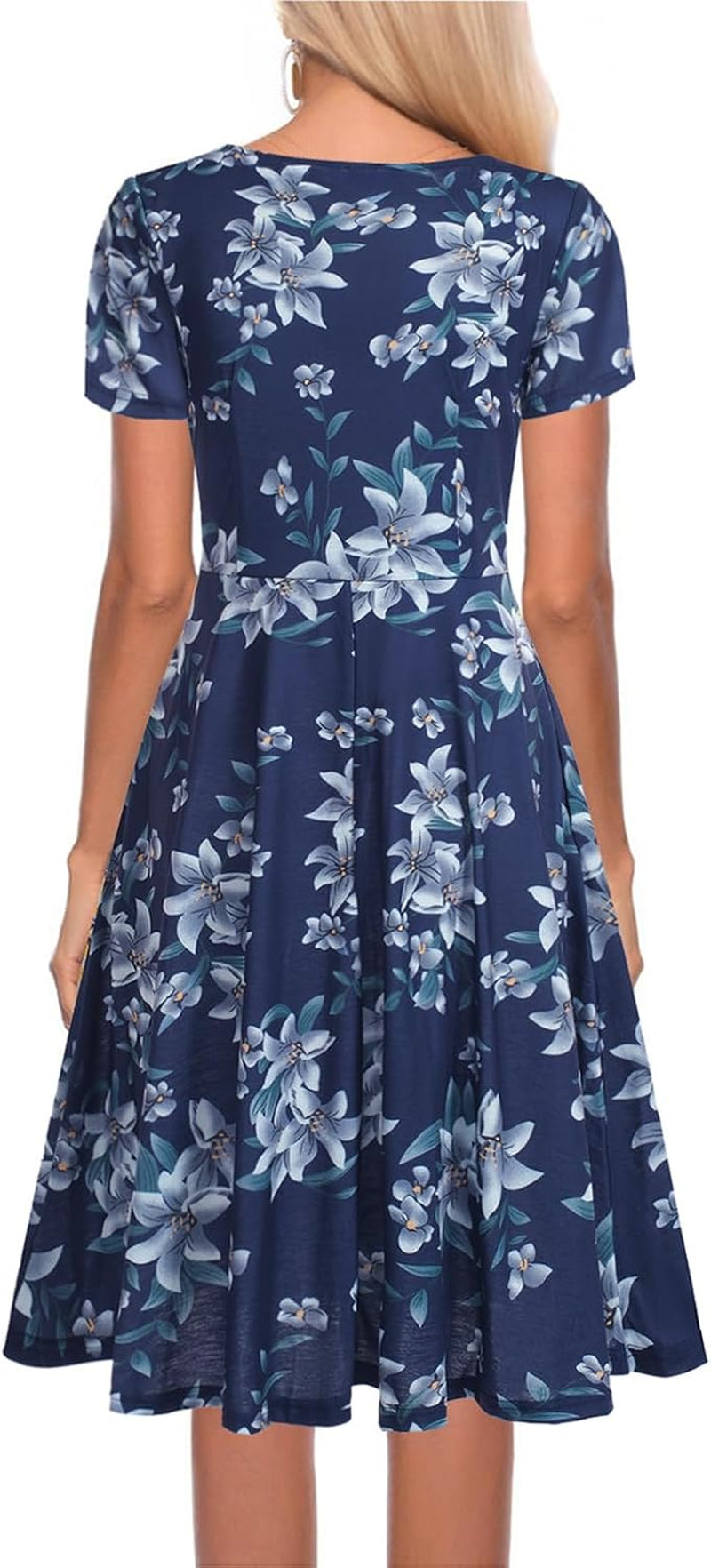 Women'S Elegant Criss-Cross V Neck Vintage Short Sleeve Work Casual Fit and Flare Tea Dress with Pockets 980