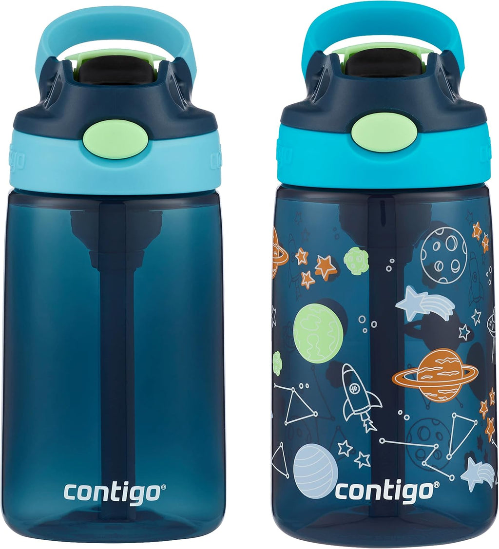 Kids Water Bottle with Redesigned AUTOSPOUT Straw 14Oz. 2 Pack Blueberry and Blue Raspberry & Blueberry and Blue Raspberry with Cosmos