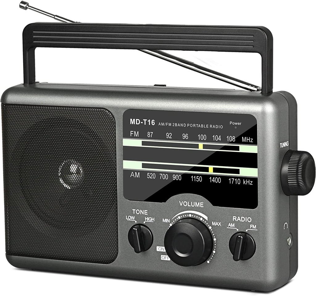 AM FM Portable Radio Battery Operated by 4X D Cell Batteries or AC Power Transistor Radio with and Big Speaker, Standard Earphone Jack, High/Low Tone Mode, Large Knob