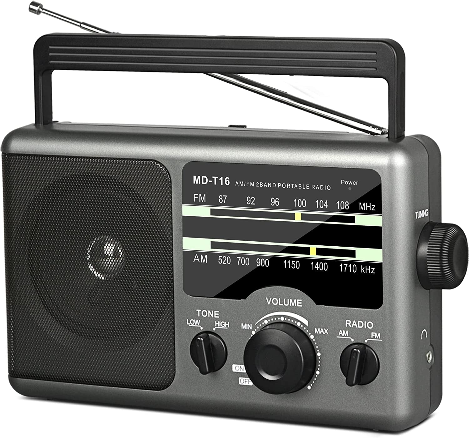 AM FM Portable Radio Battery Operated by 4X D Cell Batteries or AC Power Transistor Radio with and Big Speaker, Standard Earphone Jack, High/Low Tone Mode, Large Knob