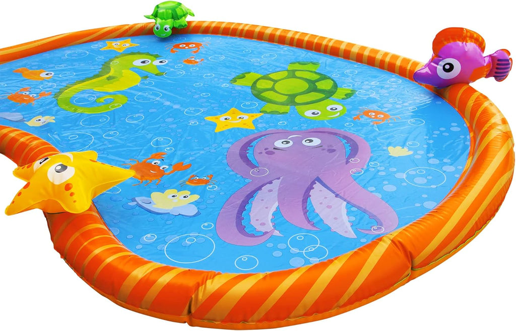 Splash Pad Toddler Water Play Mat, 58 in Outdoor Kids Sprinkler Mat with 3D Sea Characters, Baby Splash Pad for Backyard Summer Fun