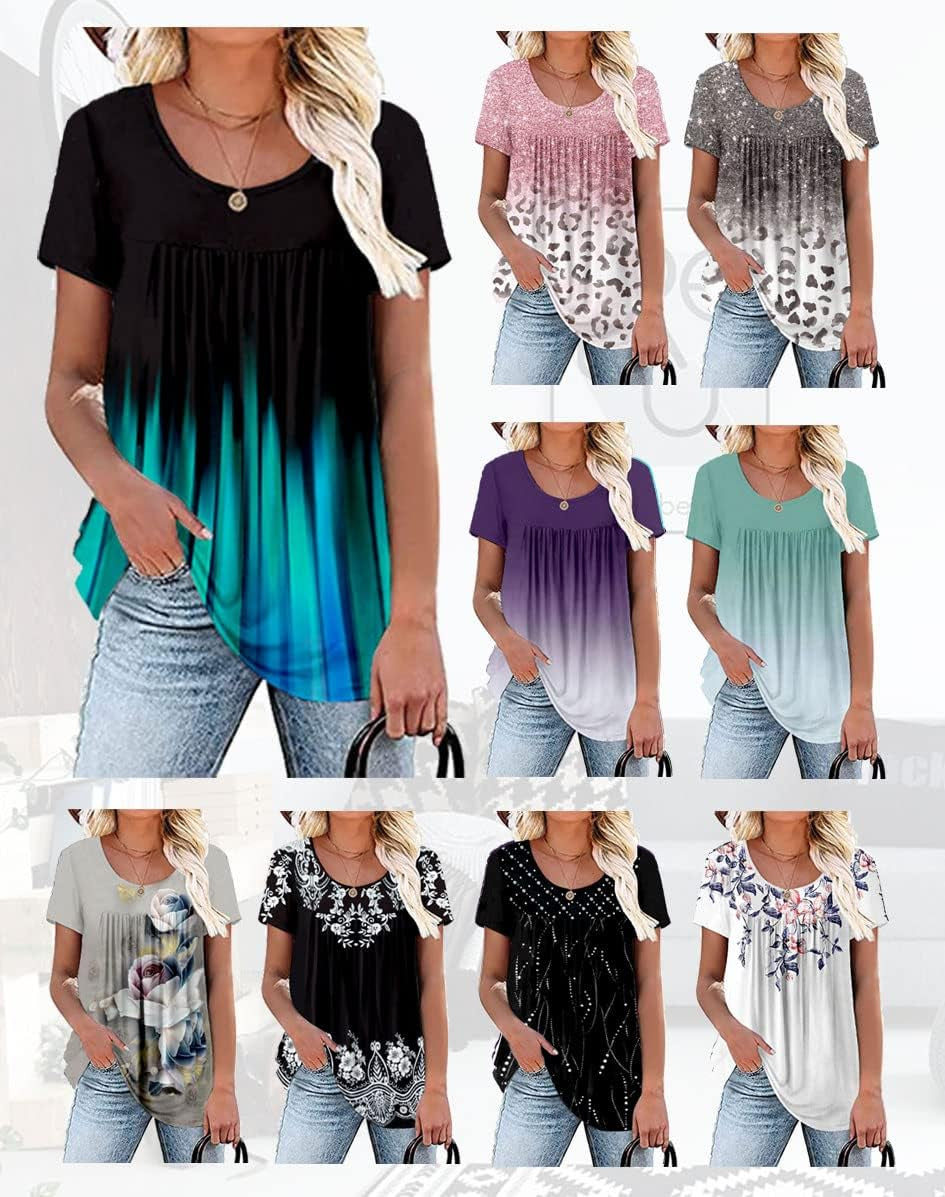 Womens Summer plus Size Tops Blouses Short Sleeve Shirts Lace Pleated Tunic Tops M-4XL