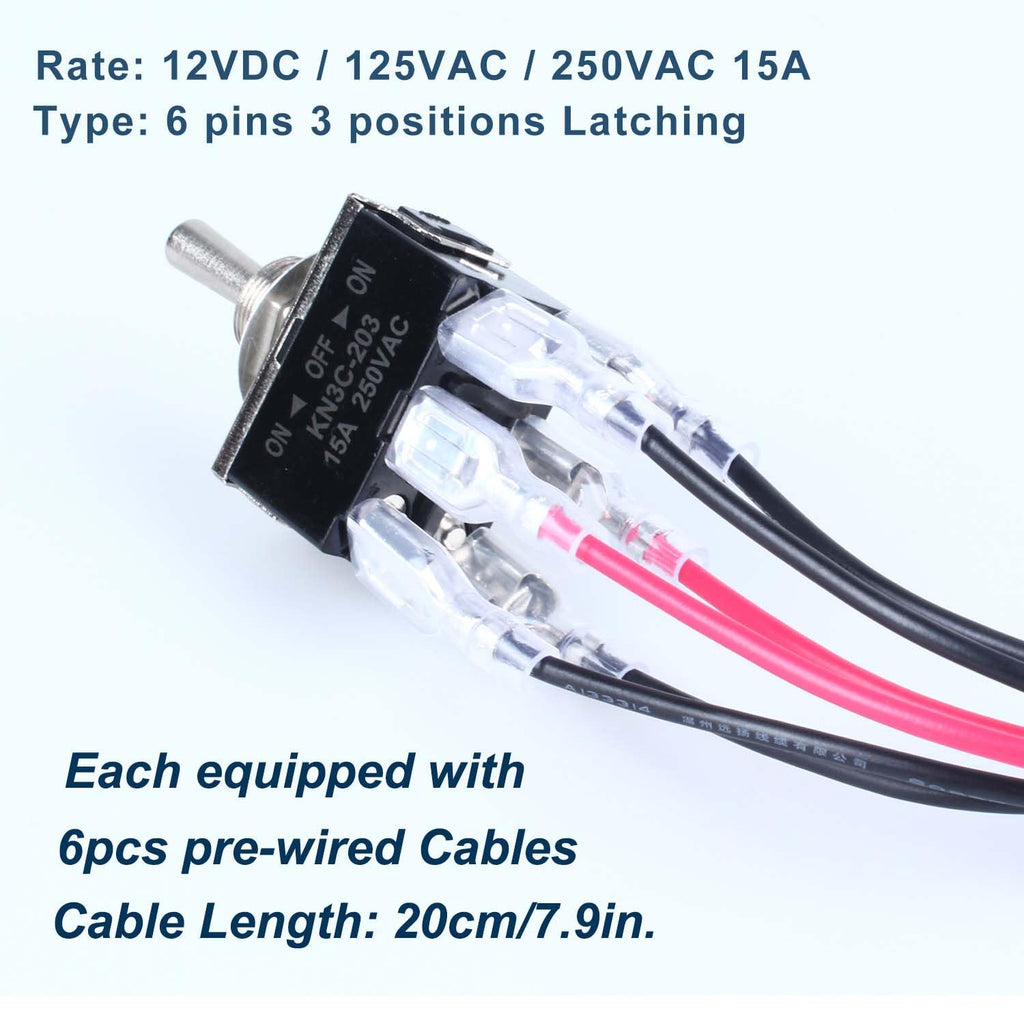2Pcs Heavy Duty Rocker Toggle Switch 0-250V 15A DPDT 6 Pins 3 Positions On-Off-On Latching with Waterproof Boot Cap Pre-Wired Cables for Auto Car Truck Boat Marine