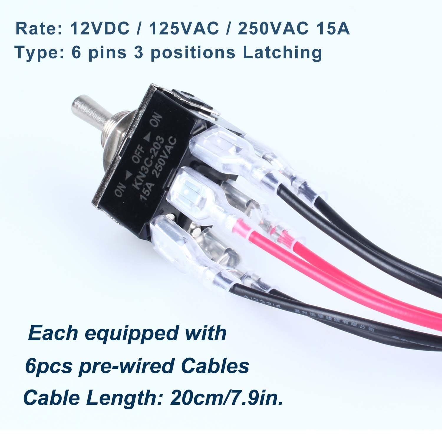 2Pcs Heavy Duty Rocker Toggle Switch 0-250V 15A DPDT 6 Pins 3 Positions On-Off-On Latching with Waterproof Boot Cap Pre-Wired Cables for Auto Car Truck Boat Marine