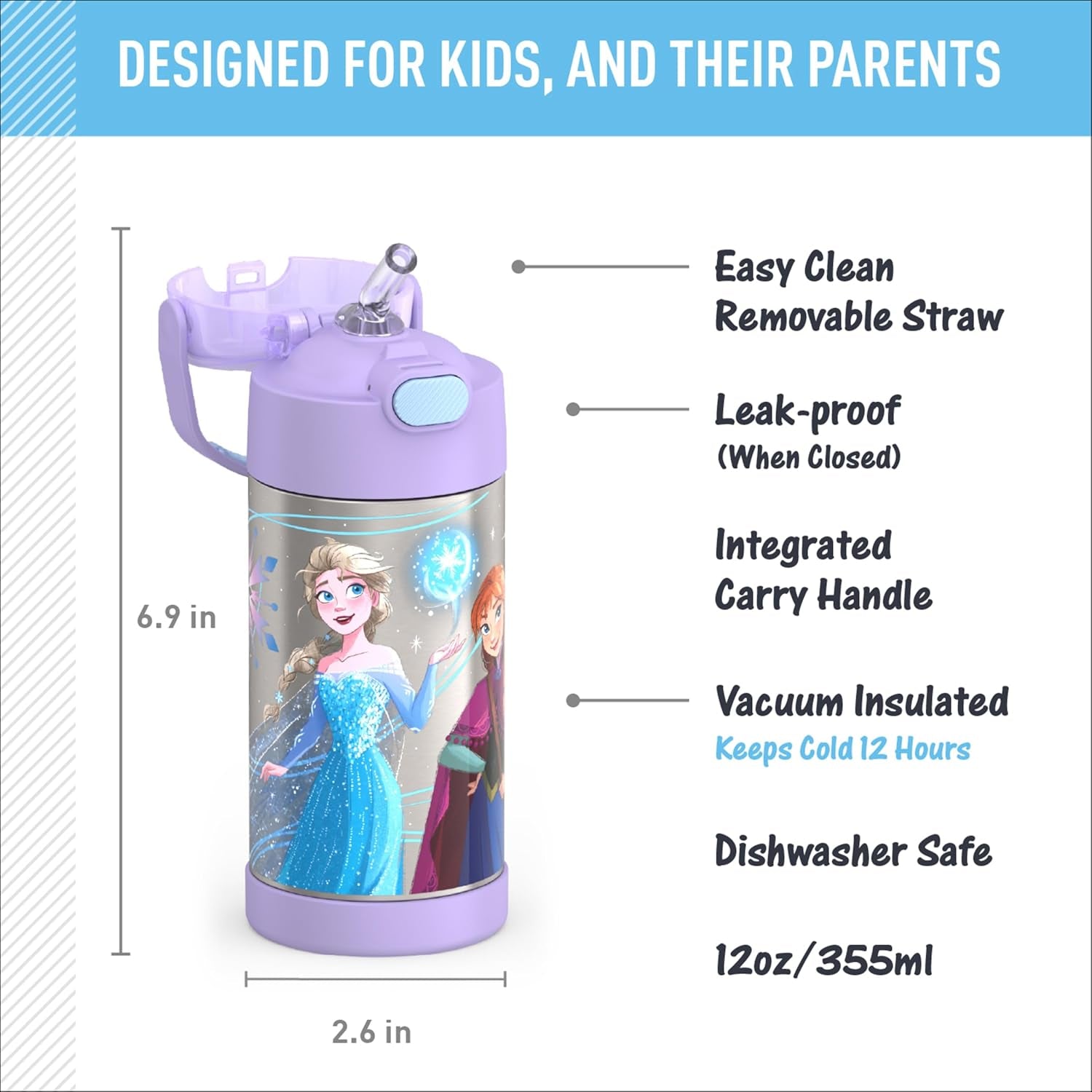 FUNTAINER Water Bottle with Straw - 12 Ounce - Kids Stainless Steel Vacuum Insulated Water Bottle with Lid, Frozen 2
