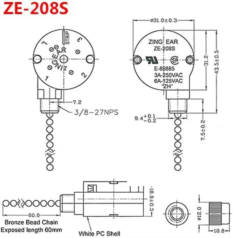 Ceiling Fan Switch Zing Ear Ze-208S E89885 3 Speed 4 Wire Pull Chain Switch Fan Light Switch Replacement Part with 4 Pre-Installed Wires(Bronze Chain)