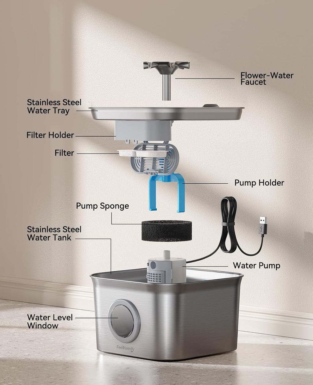 Stainless Steel Cat Water Fountain, 2.8L with 20Db Ultra-Quiet Pump- Ideal for Timid Pets, LED Water Level Window, Dishwasher Safe, 24/7 Circulation- Includes 3 Replacement Filters