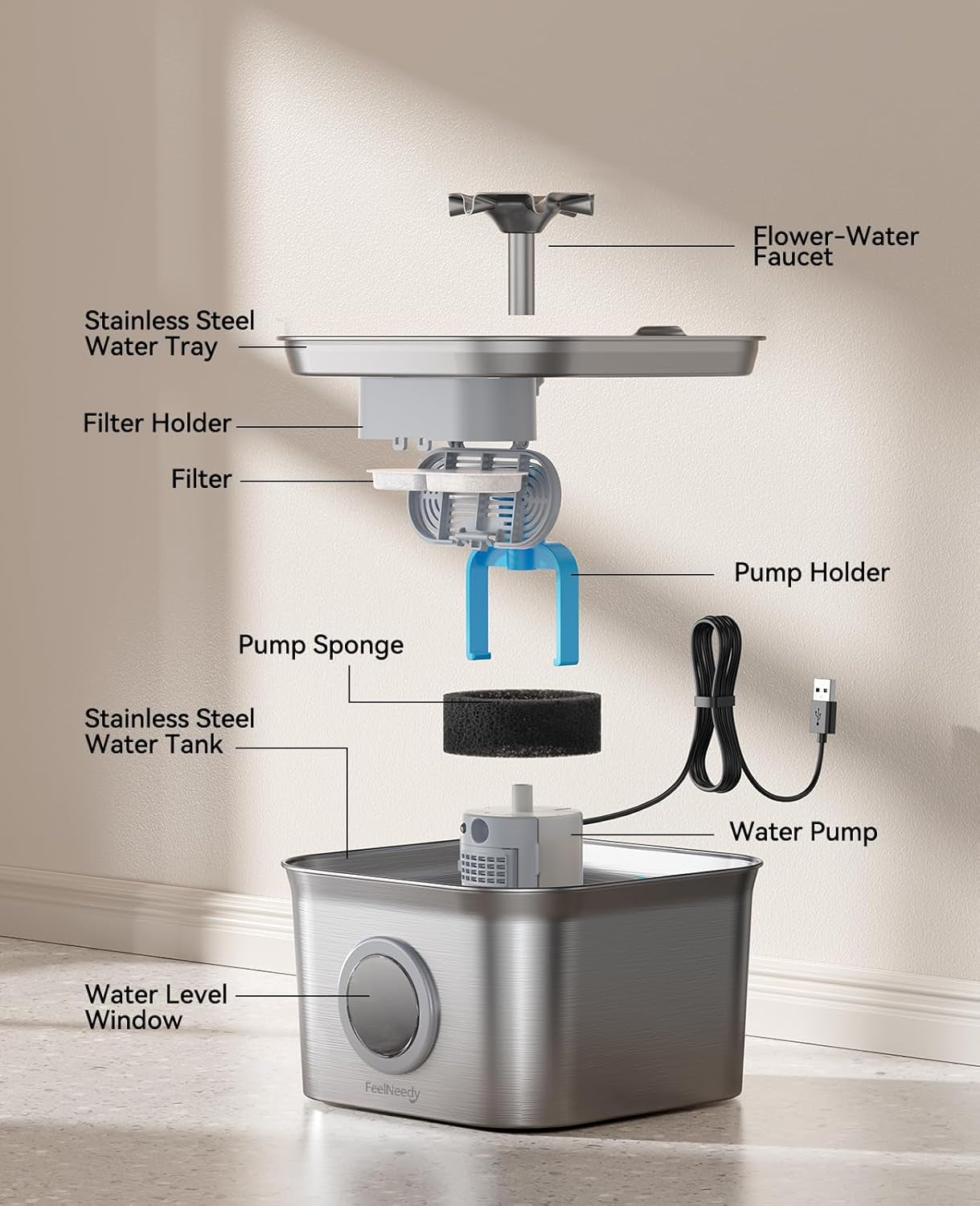 Stainless Steel Cat Water Fountain, 2.8L with 20Db Ultra-Quiet Pump- Ideal for Timid Pets, LED Water Level Window, Dishwasher Safe, 24/7 Circulation- Includes 3 Replacement Filters