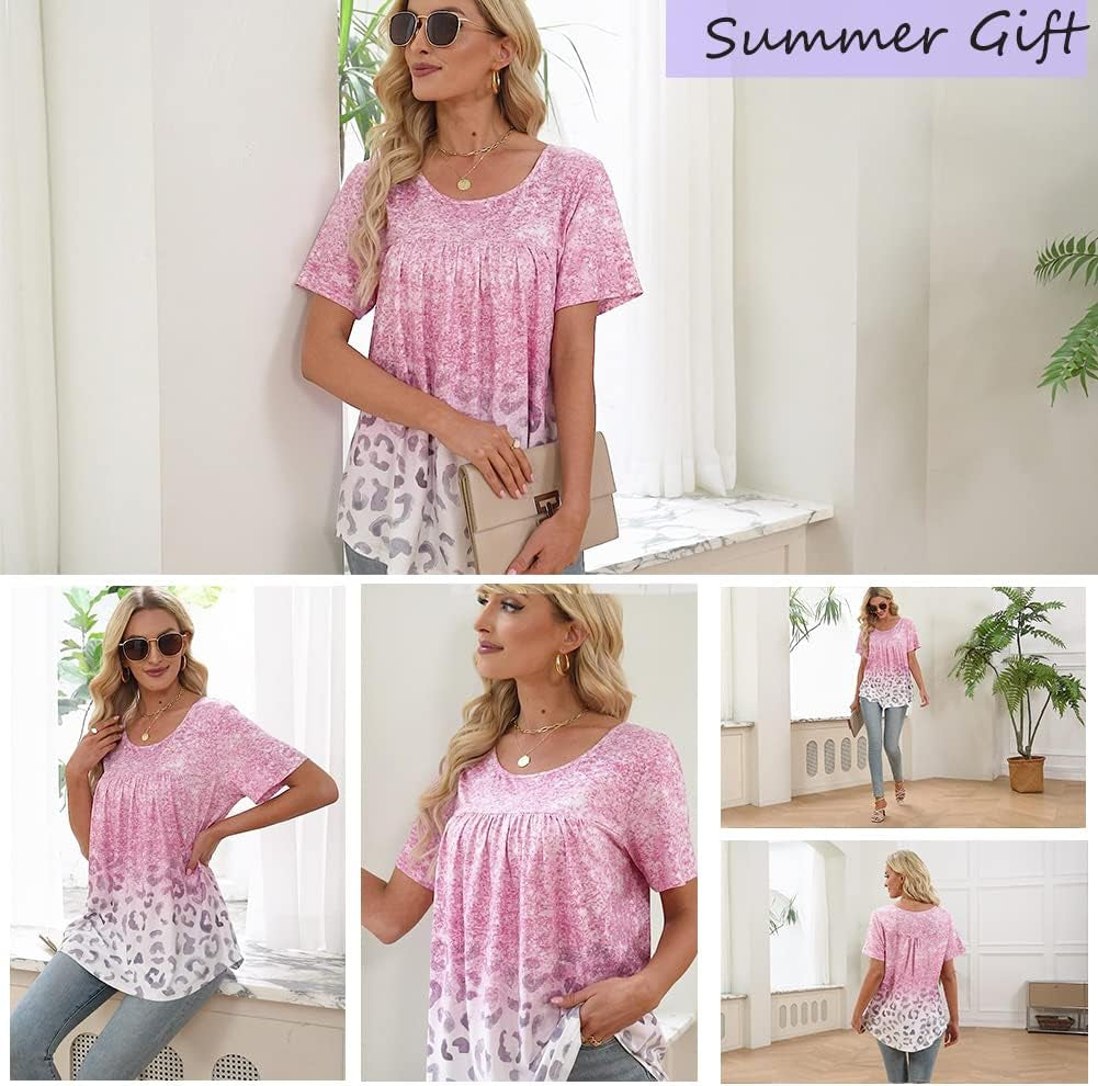 Womens Summer plus Size Tops Blouses Short Sleeve Shirts Lace Pleated Tunic Tops M-4XL
