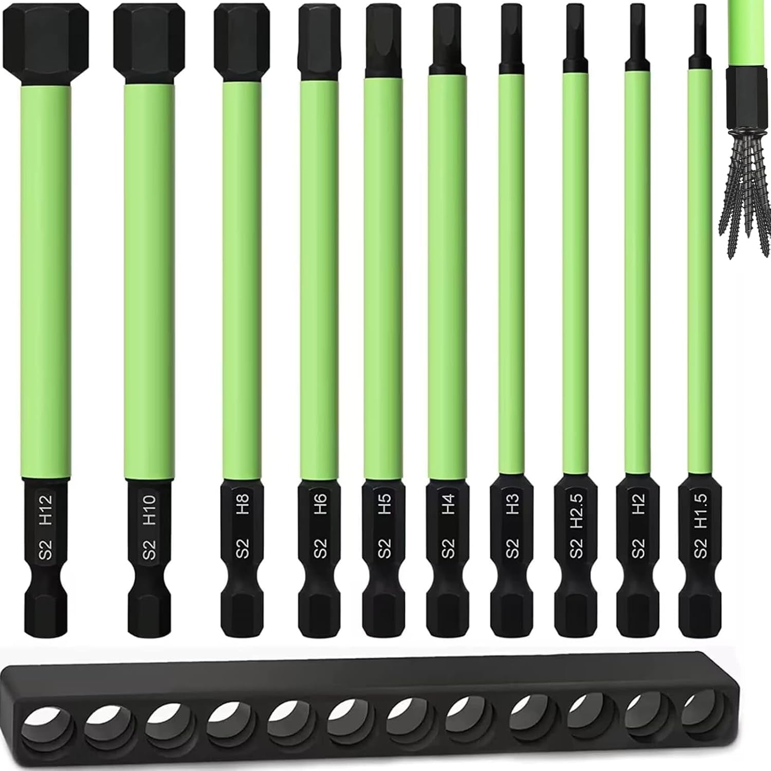 4" Long 10Pcs 1/4" Hex Head Allen Wrench Drill Bits, 1.5MM to 12MM Metric Hex Key Drill Bit Set, Magnetic Tips Screwdriver Socket Bit Set for Ikea Type Furniture (S2 Steel), New Version