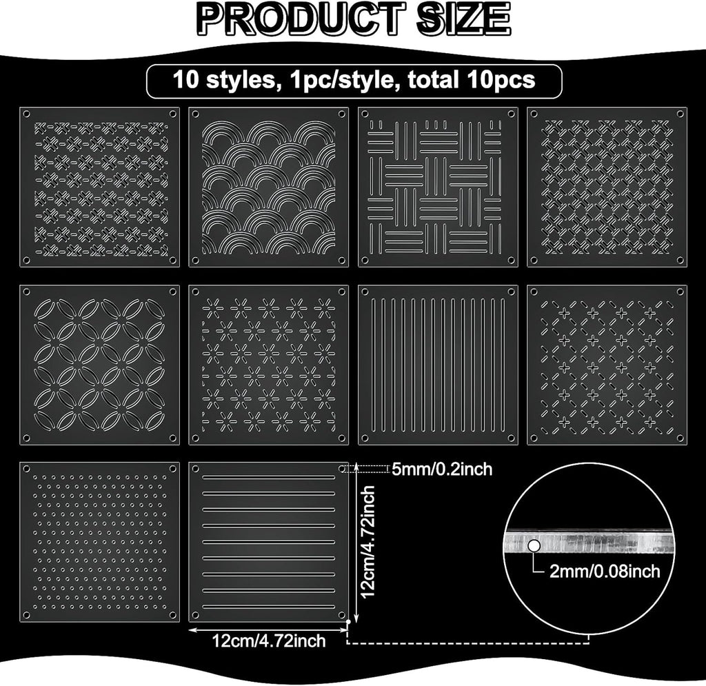 10 Sets Acrylic Sashiko Stencil, 4.7 X 4.7 Inch Acrylic Embroidery Tool Sashiko Stencil with Straight Lines and Square Dots Arcs Pattern Template for Hand Quilting and Embroidery